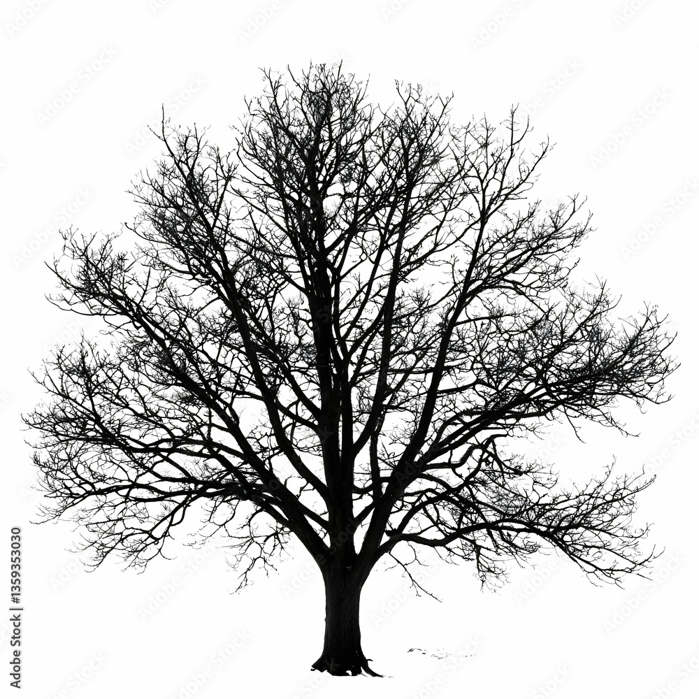 A black and white silhouette of a large tree with sparse branches against a white background A black and white silhouette of a large tree with sparse branches against a white background