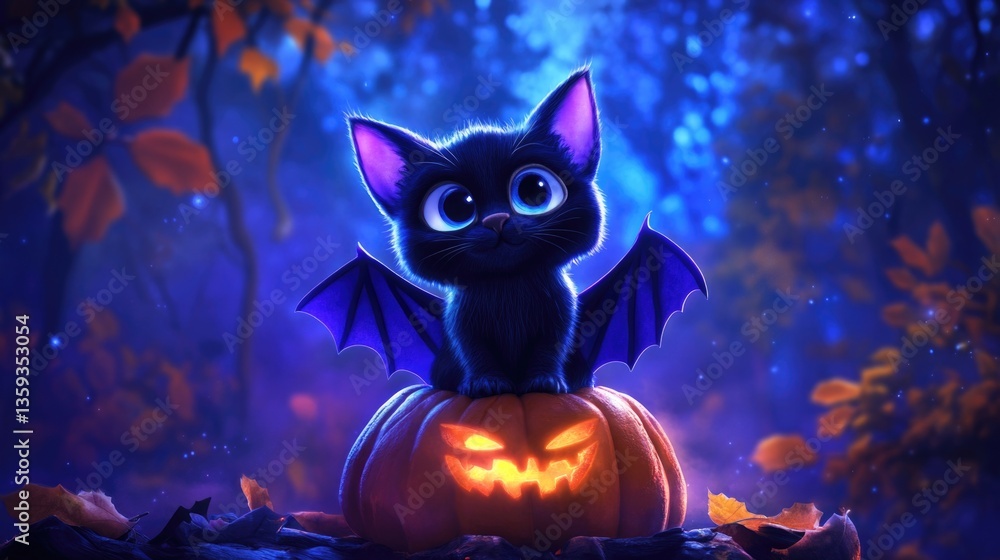 Adorable black kitten with bat wings sits on jack-o'-lantern in enchanted halloween forest. Halloween, All Hallows Eve, Samhain - Spooky Holiday Season, Fall Festival Celebration Adorable black kitten with bat wings sits on jack-o'-lantern in enchanted halloween forest. Halloween, All Hallows Eve, Samhain - Spooky Holiday Season, Fall Festival Celebration