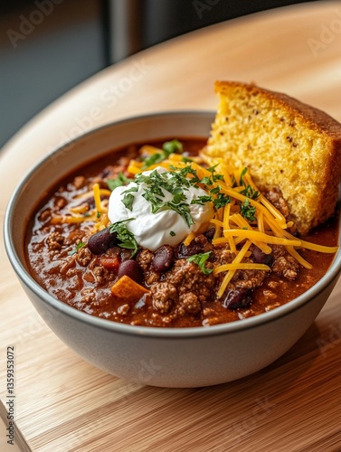 Bowl of chili con carne with a slice of cornbread on the side. the chili is a rich red color and appears to be made with ground beef, beans, and spices.
