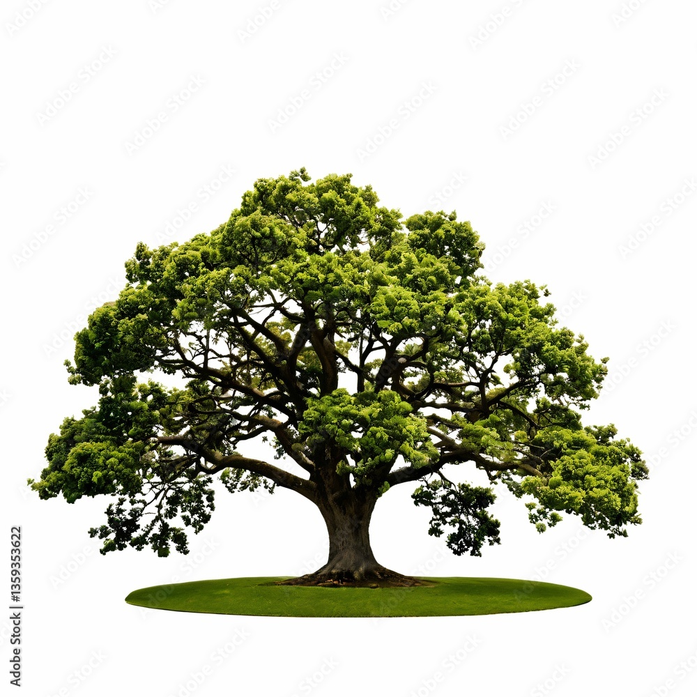 Obraz premium A large, lush green tree stands prominently in an open, grassy area under a clear, bright sky.