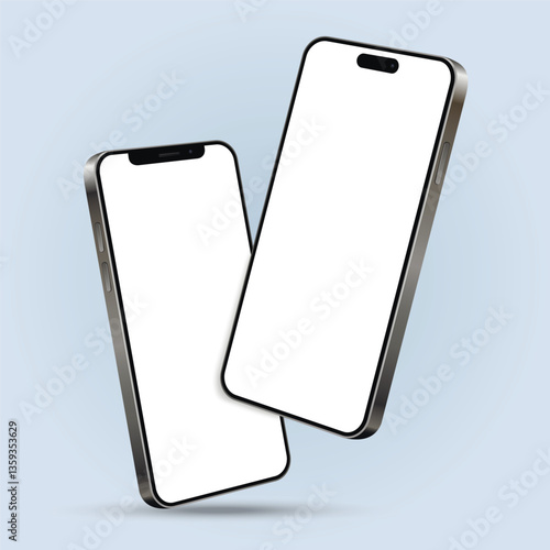 Two smartphones mockup with blank screens while levitating in the air on a blue background