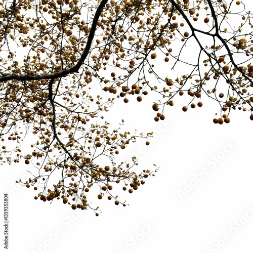 A tree with autumn leaves hangs over a white background, casting shadows and creating a serene, natural setting.