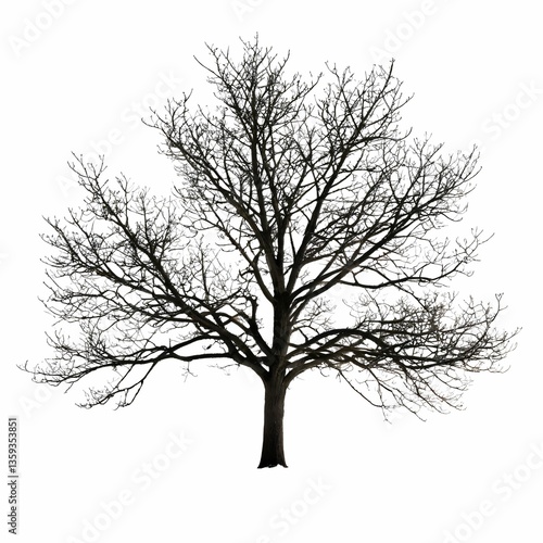 A silhouette of a bare tree against a stark white background