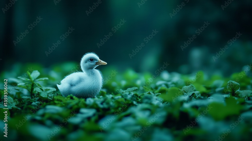 Fluffy duckling nestled in lush green foliage, symbolizing new beginnings and springtime tranquility Fluffy duckling nestled in lush green foliage, symbolizing new beginnings and springtime tranquility