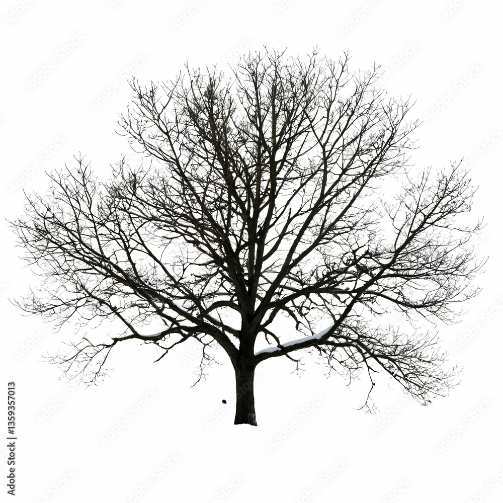 Fototapeta premium A solitary tree stands against a stark white backdrop, its intricate branches reaching out in a dense, almost symmetrical pattern.