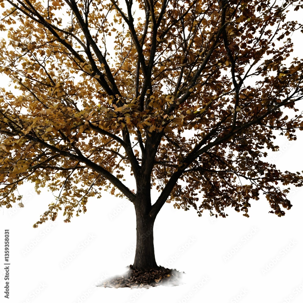 Obraz premium A single oak tree stands in a vast expanse of white, surrounded by a stark, minimalist background, framed by a shadowed ground.