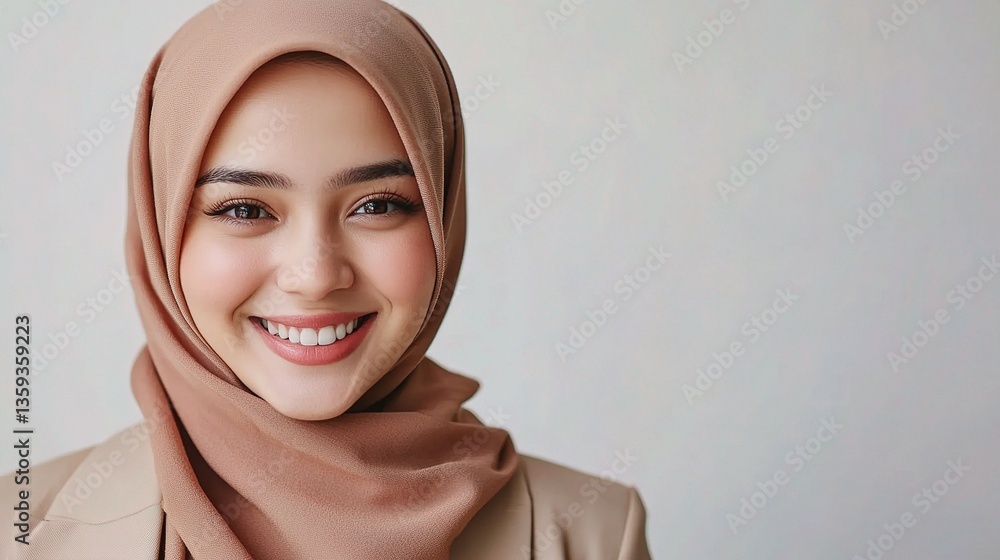 Happy Young Woman in Hijab with Friendly Smile in Business Attire Happy Young Woman in Hijab with Friendly Smile in Business Attire