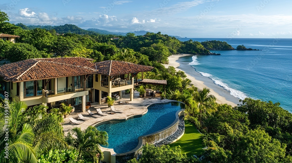 Fototapeta premium Luxurious oceanfront estate surrounded by pristine beaches, contemporary design with high-end finishes, private terraces, and lush tropical landscaping 