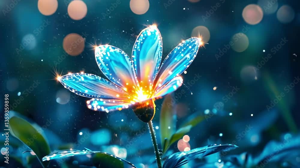 Glowing flower in magical forest with sparkling petals and bokeh lights Glowing flower in magical forest with sparkling petals and bokeh lights