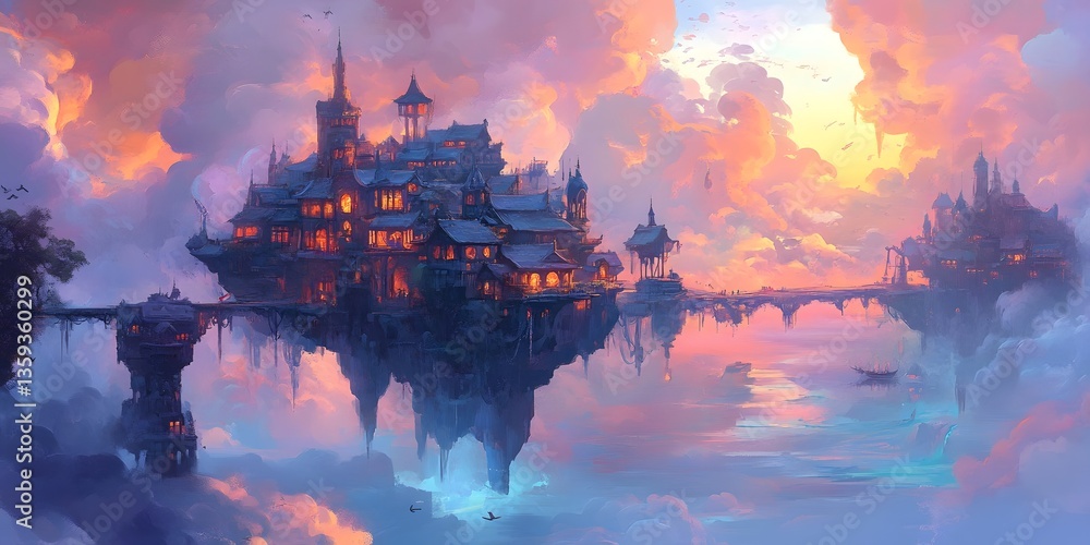 Fototapeta premium Enchanting floating city at sunset with vibrant colors, reflecting on serene waters, and fluffy clouds