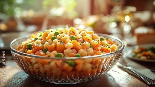 Colorful, hearty salad in a glass bowl