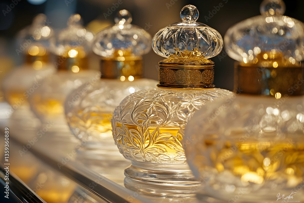 Elegant crystal perfume bottles with golden detailing on display Elegant crystal perfume bottles with golden detailing on display