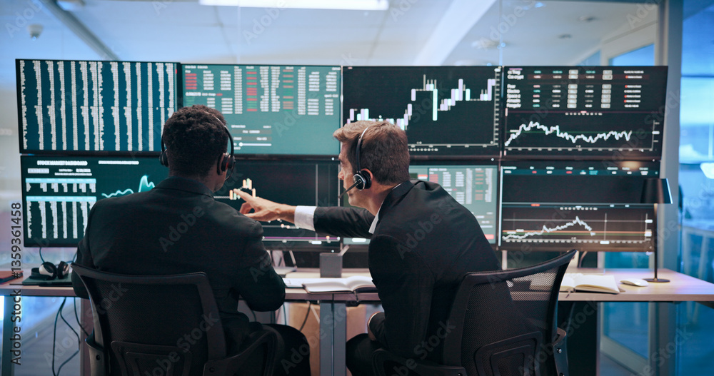 Computer screen, finance and business men for stock market, financial analytics and trading review. Fintech, office and back of people with monitor for online investment, revenue charts or statistics Computer screen, finance and business men for stock market, financial analytics and trading review. Fintech, office and back of people with monitor for online investment, revenue charts or statistics