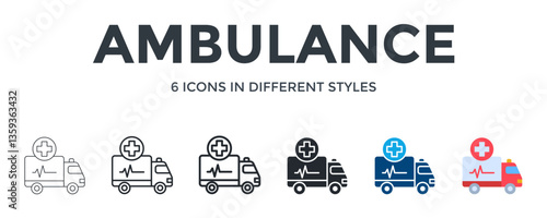 Ambulance  Icon In Different Style Vector Illustration. Designed In Thin Line, Regular Line, Bold Line, Glyph, Color Fill, And Flat Style Can Be Used For Web