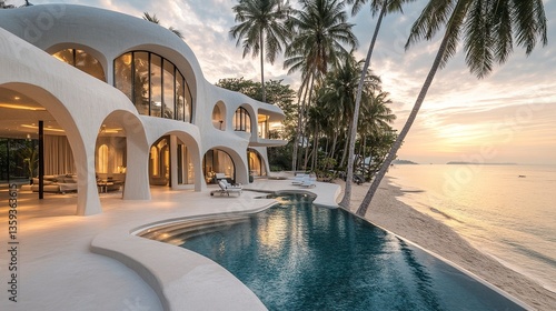 Luxury villa on the beach with striking white concrete and arched windows  tropical palms lining the shimmering pool  warm golden hour glow 