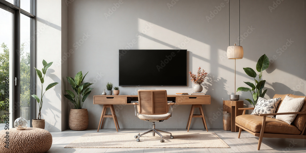 Fototapeta premium Boho Luxe Workspace A bohemian-inspired home office with a wall-mounted TV above a rustic wooden desk, hanging plants, eclectic decor