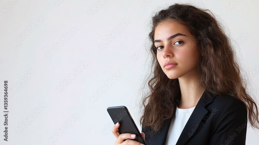 Young Businesswoman Checking Phone with Thoughtful Expression Young Businesswoman Checking Phone with Thoughtful Expression
