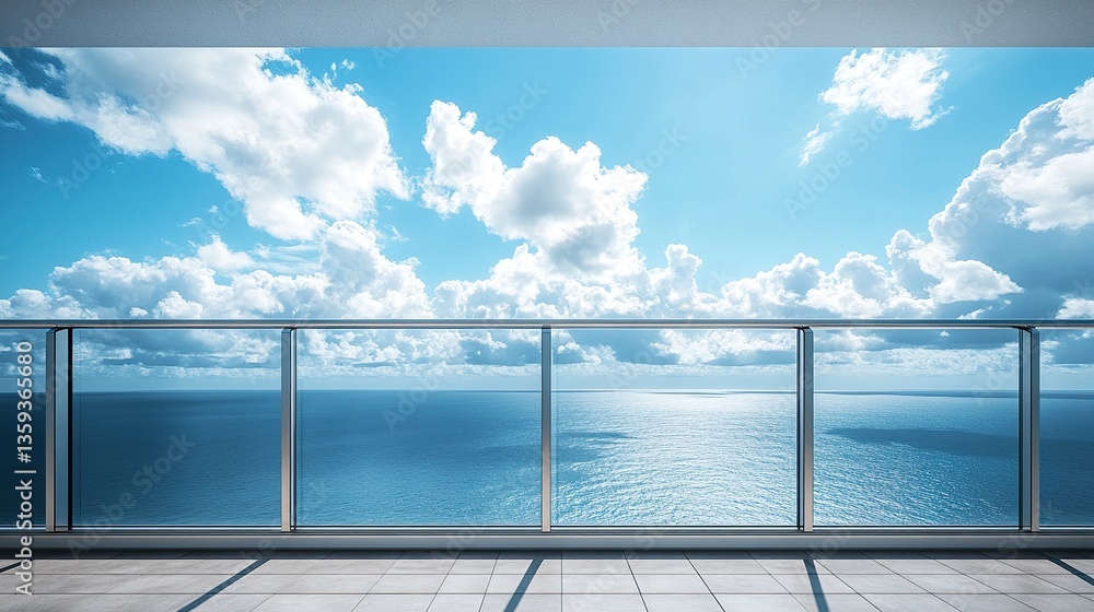 Fototapeta premium Minimalist apartment balcony with seamless glass panels, direct ocean view stretching endlessly, soft white clouds reflecting on calm water