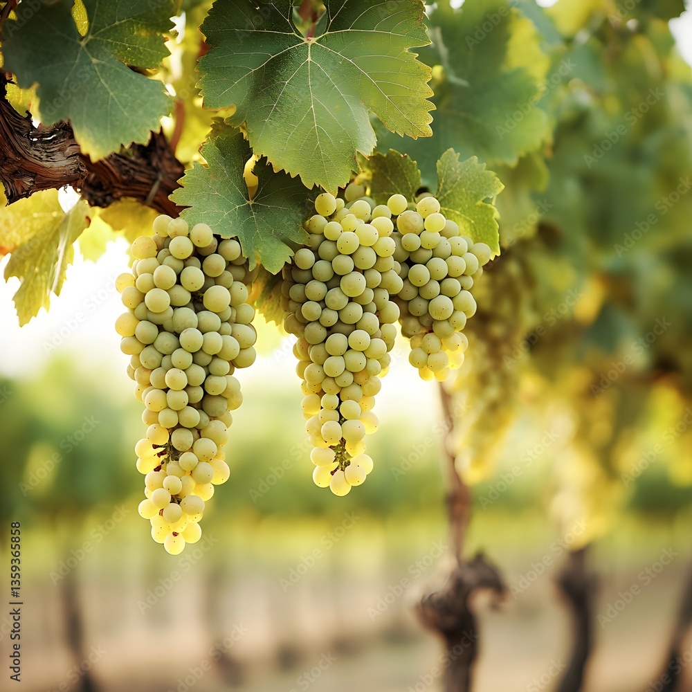 Ripe Green Grapes Hanging on Vine in Vineyard Ripe Green Grapes Hanging on Vine in Vineyard
