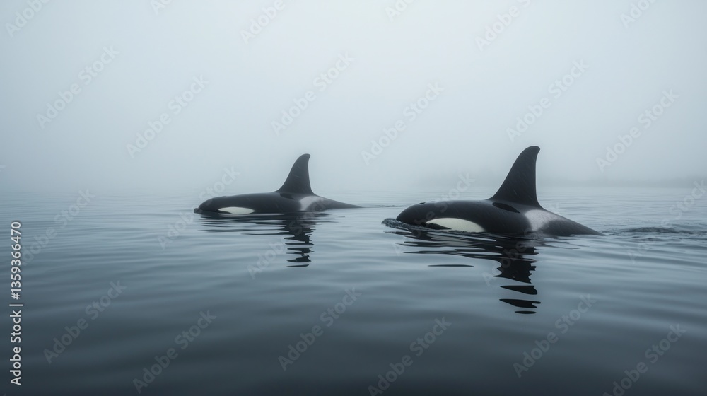 Fototapeta premium Orcas in a misty sea