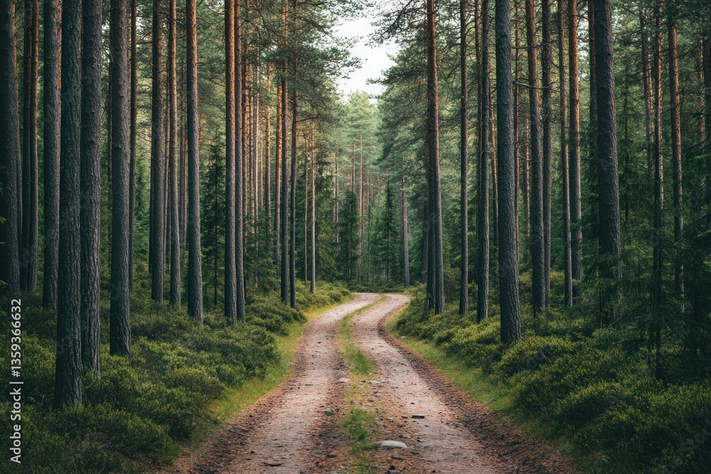 Obraz premium Photo of a forest path through tall pine trees in Sweden