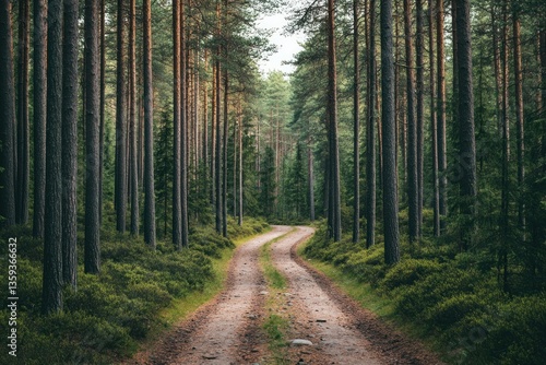 Photo of a forest path through tall pine trees in Sweden