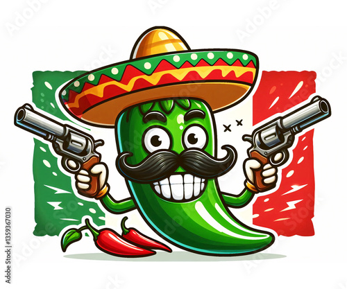 Spicy and Strong Jalapeño Pepper Character with a Mexican Hat, Mustache, Pistols, and a Proud Mexican Flag