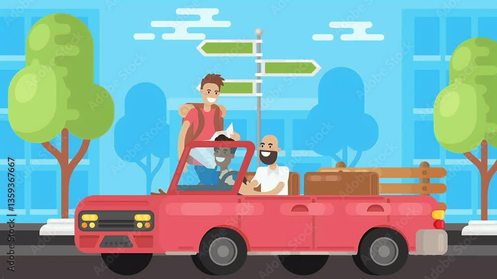 2D illustrated Animated Scene of Lost Male Tourist With Map Picked Up By A Red Car. 2D illustrated Animated Scene of Lost Male Tourist With Map Picked Up By A Red Car.