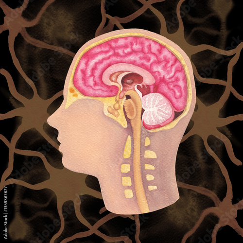 Watercolor illustration of a human brains and a nervous system with an abstract neuron connections on a background