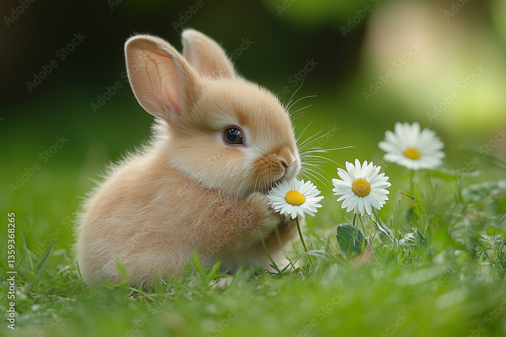 春色の中で – 花を見つめるブラウンの子うさぎ 春色の中で – 花を見つめるブラウンの子うさぎ