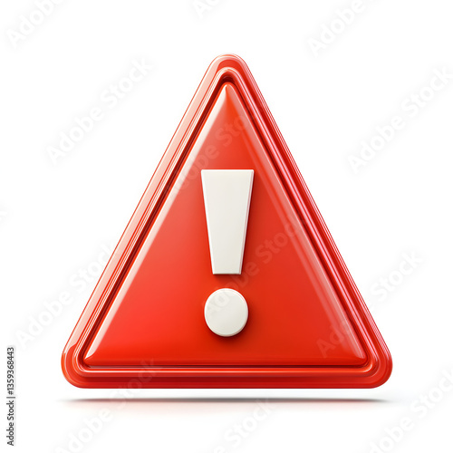 Red triangular warning sign, glossy surface, white exclamation mark, attention symbol, caution icon, 3D rendering, safety alert, high contrast, emergency notification, bold graphic design, traffic sig