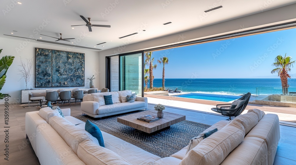 Fototapeta premium Modern beachfront estate with striking architectural design, infinity-edge pool, pristine beaches, and luxurious outdoor lounges 