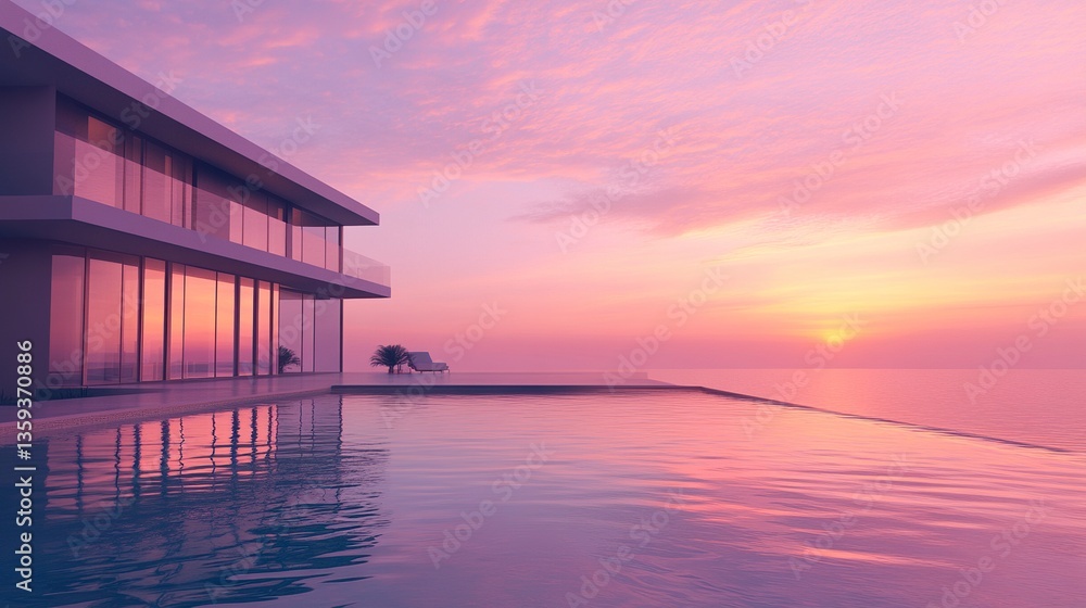 Modern coastal house with sleek architecture and expansive glass windows, overlooking the ocean at sunset, warm golden and pink hues reflecting off the water Modern coastal house with sleek architecture and expansive glass windows, overlooking the ocean at sunset, warm golden and pink hues reflecting off the water