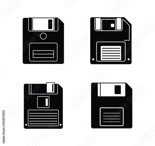 A set of four retro floppy disk vector silhouette designs. Simple collection. Isolated bundle on white background.