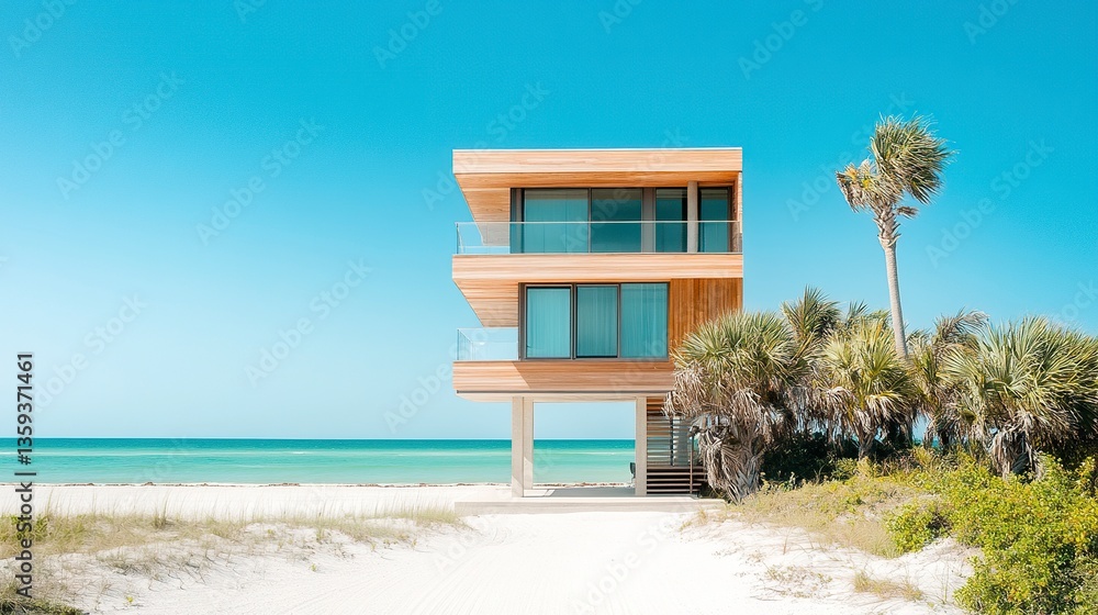 Obraz premium Modern coastal wooden tower house in Florida, surrounded by pristine sand and a turquoise ocean, minimalist new urbanism design glowing under bright sunlight 