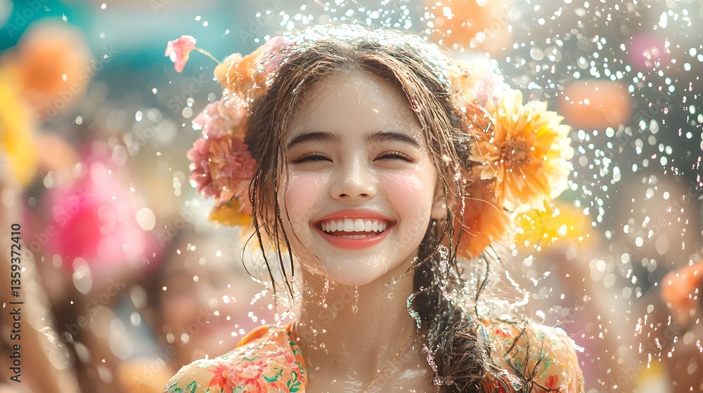 Fototapeta premium A young radiant woman smiling with pure delight as she stands amidst a vibrant field of colorful flowers water splashing around her in the warm spring sunlight