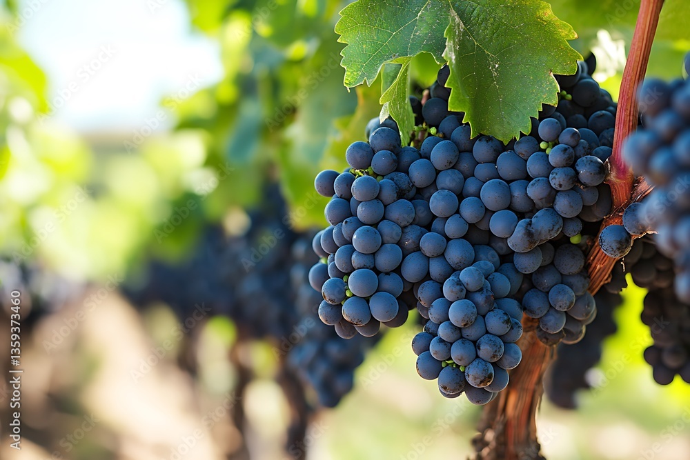 Fototapeta premium Close up of ripe purple grapes growing on a vine