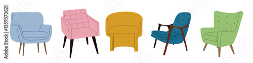Set of different vintage mid century modern armchairs. Comfortable soft furniture different colors, shapes. Vector flat illustration isolated