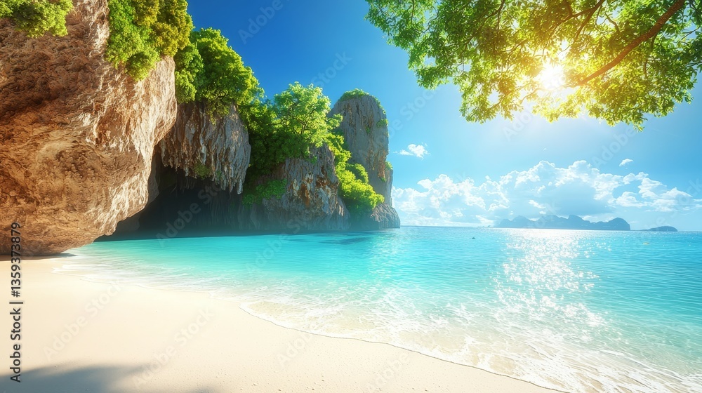 Tranquil Secluded Beach with Azure Waters and Lush Greenery under Bright Sunshine Tranquil Secluded Beach with Azure Waters and Lush Greenery under Bright Sunshine
