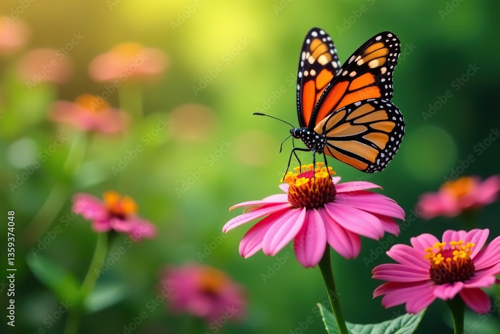 Obraz premium A stunning Monarch butterfly gracefully perched on vibrant pink coneflowers in a beautiful garden setting, vibrant, blooming
