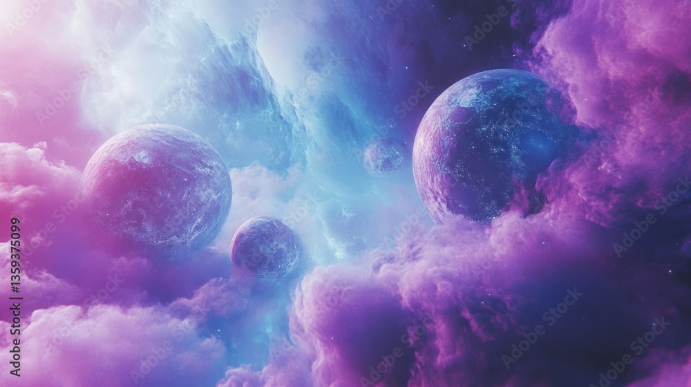 Naklejka premium A vibrant cosmic scene featuring colorful planets and swirling clouds in space.
