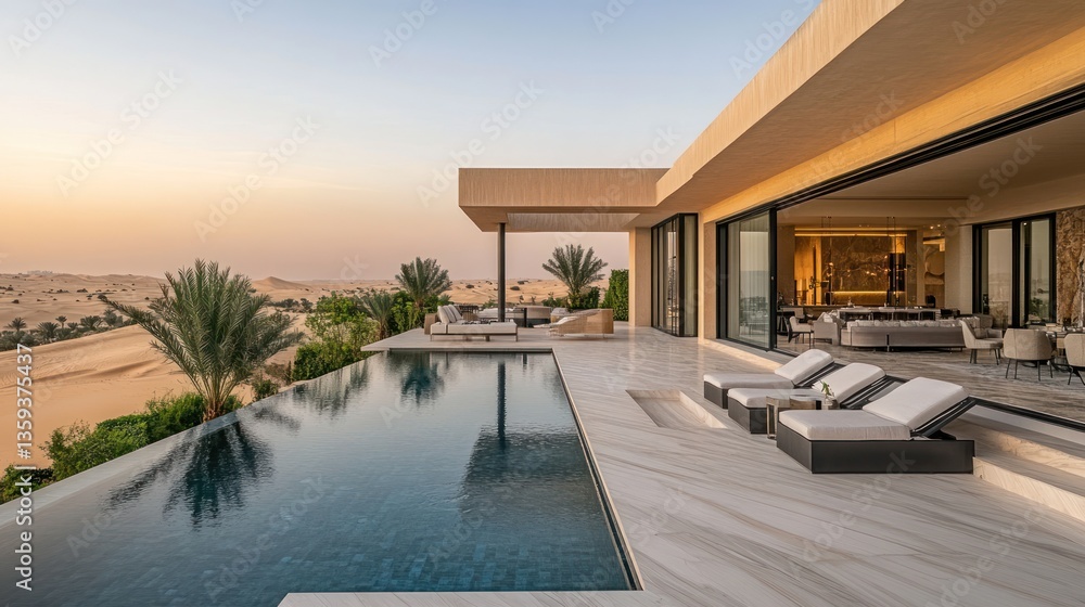 Fototapeta premium Modern villa with a pool overlooking desert dunes at sunset.