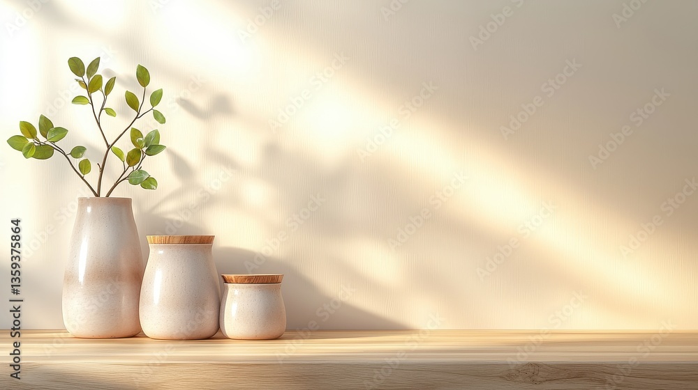 Fototapeta premium Elegant and Serene Potted Plant Display on Wooden Table in Minimalist Interior Design Natural greenery warm light and clean lines create a peaceful calming atmosphere in this cozy