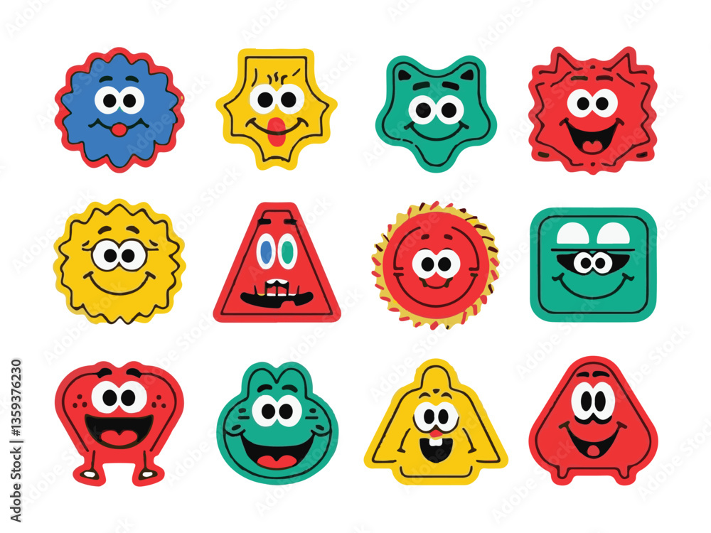 Cartoonish Retro Geometric Shapes with Smiley Faces, Groovy Style, Vibrant Colors Cartoonish Retro Geometric Shapes with Smiley Faces, Groovy Style, Vibrant Colors