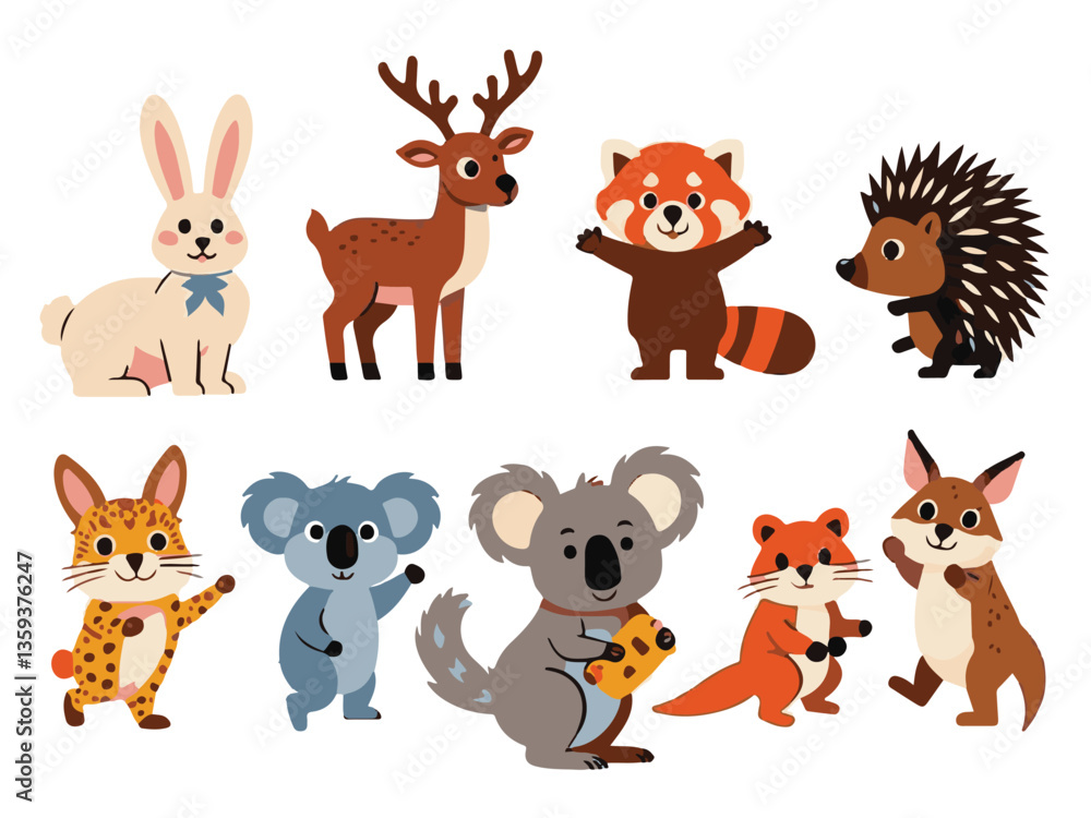 Collection of Adorable Cartoon Animals Rabbit, Deer, Red Panda, Koala, Hedgehog, Fox Collection of Adorable Cartoon Animals Rabbit, Deer, Red Panda, Koala, Hedgehog, Fox