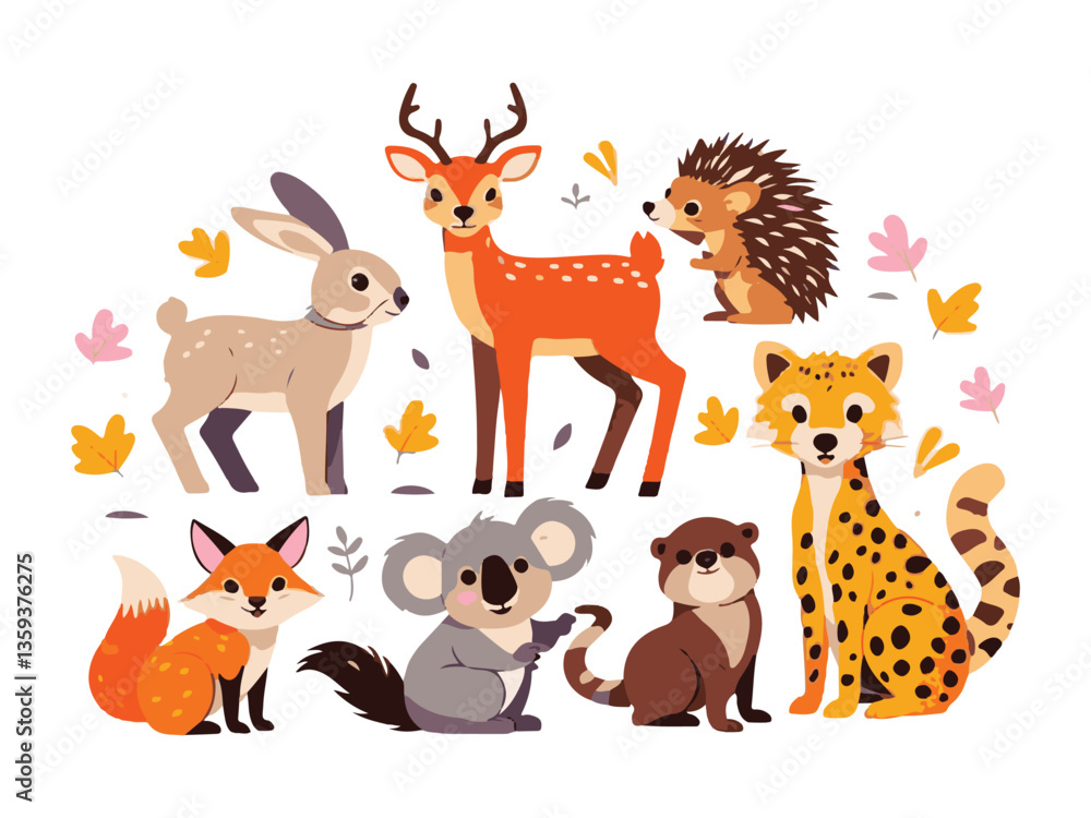 Naklejka premium Cute Cartoon Animals Deer, Fox, Rabbit, Koala, Hedgehog, Otter, Cheetah on White
