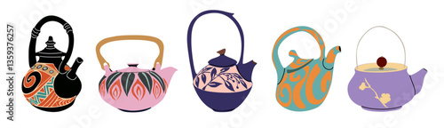 Set of Cute teapots. Kitchen tools, cartoon teapot or kettle decorative Porcelain crockery ceramic. Householding elements, modern coffee tea vector illustrations isolated