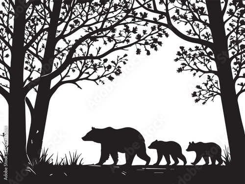 Silhouette of a Bear Family Walking in a Forest Under Trees, Black and White Image