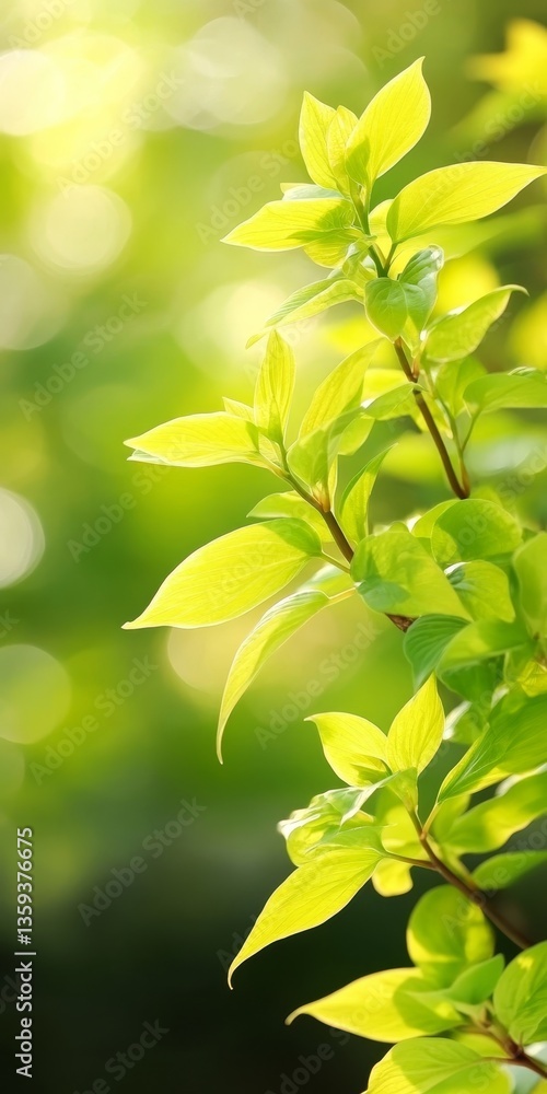 Vibrant New Growth on Green Leafed Branch, Spring Background With Sun Glare, Nature Concept. Vibrant New Growth on Green Leafed Branch, Spring Background With Sun Glare, Nature Concept.