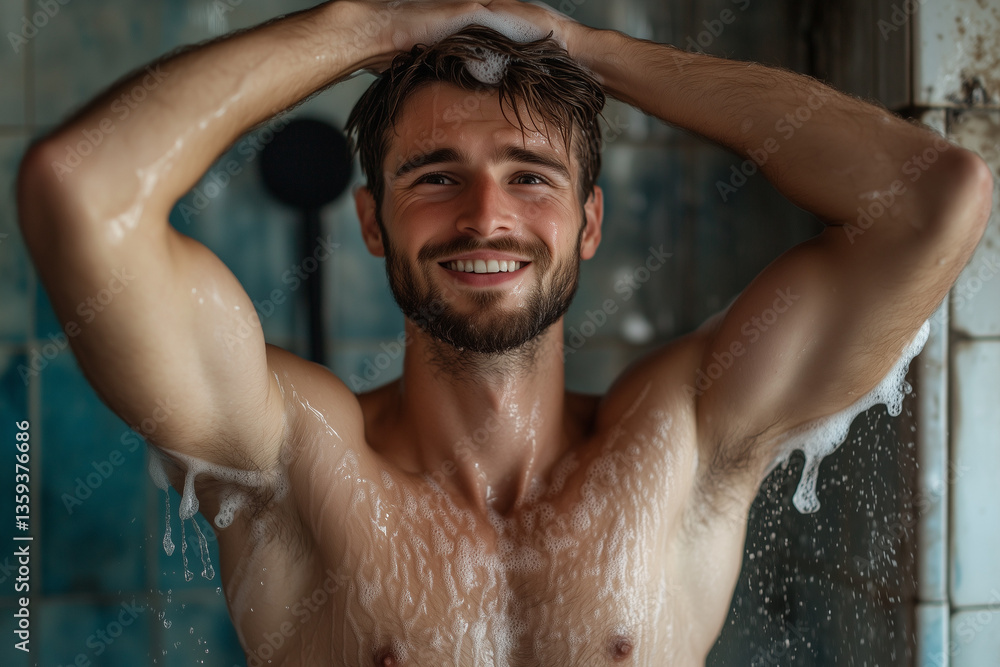 Athletic man taking a shower Athletic man taking a shower